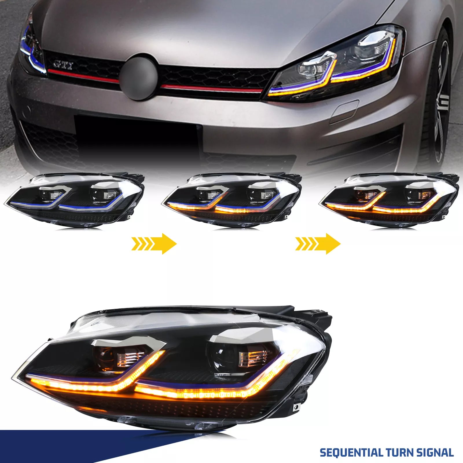 DTMOTO LED Tube DRL Projector Headlights For VW Golf GTI MK7 (2015-2017) – Black Housing With Red Trim