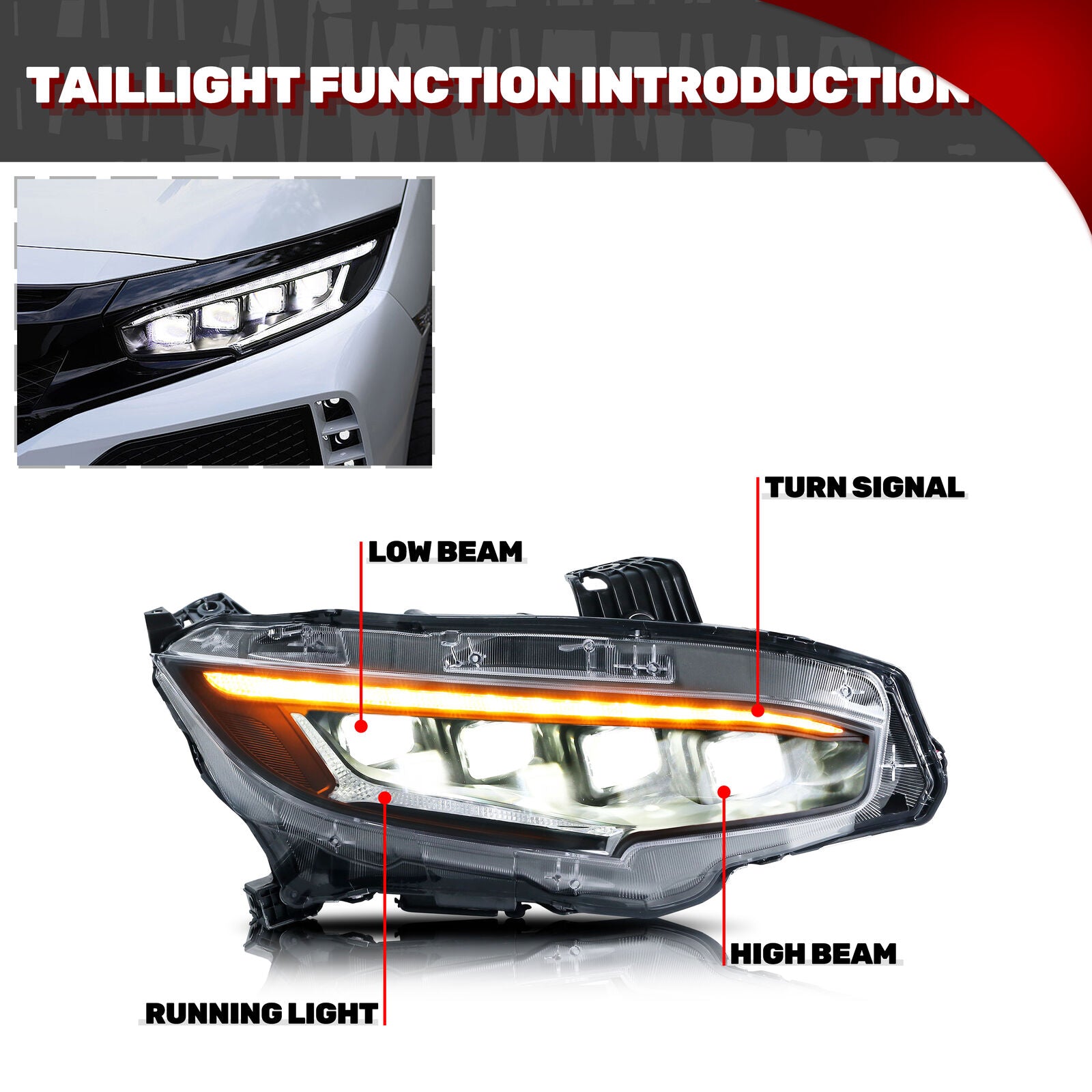 Left Driver Side Headlight Assembly For 2016-2021 Honda Civic - Halogen With LED DRL, Direct Fit Replacement